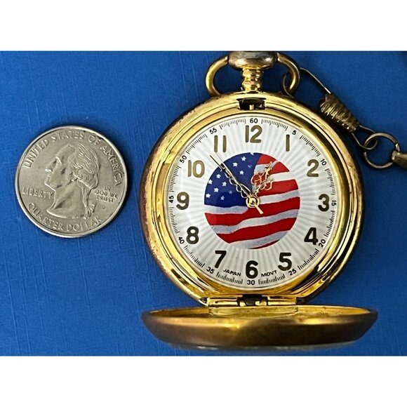 God Bless America Enduring Freedom Pocket Watch in box fresh battery gold tone - Picture 10 of 14